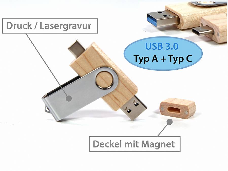 USB-Stick mit Holzgehäuse, Typ A und Typ C, individuell bedruckbar und mit magnetischem Deckel.