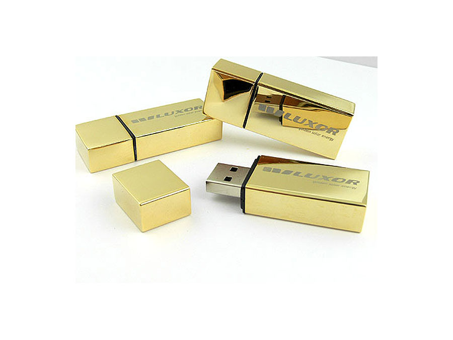 Goldener USB-Stick hochglänzend oder matt graviert oder bedruckt mit Logo als Give Away