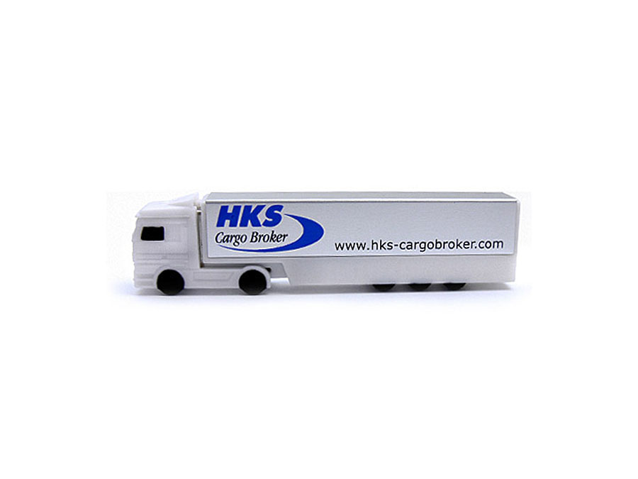 Weißer USB-Stick als Truck mit Logo