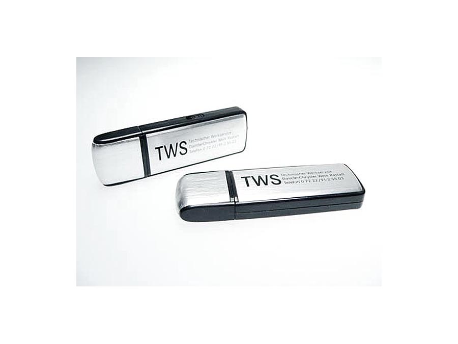 Aluminium Werbeartikel USB-Stick mit TWS Logo bedruckt