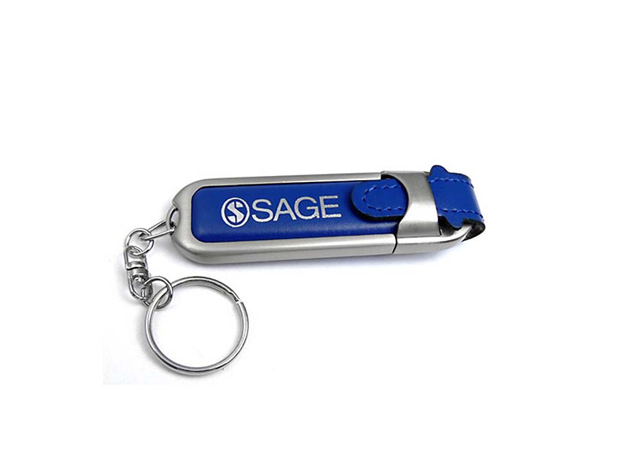 Blauer Leder USB-Stick mit Logo bedruckt und Schlüsselring