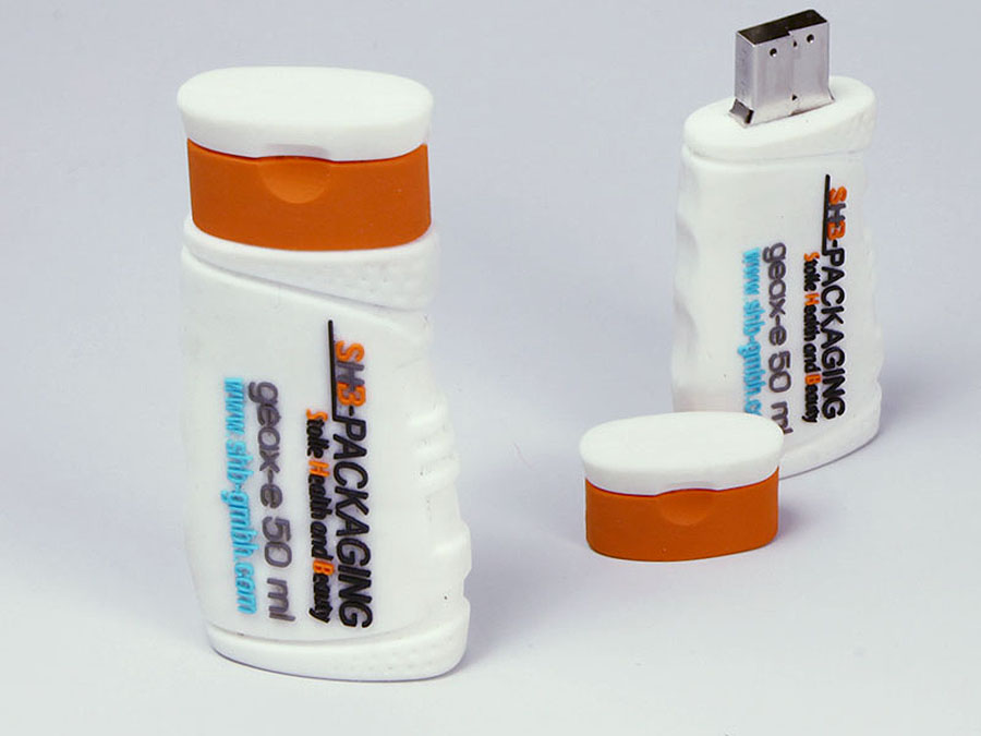 Duschgel Flasche Verpackung für Flüssigkeiten mit Logo und Adresse mit USB-Stick
