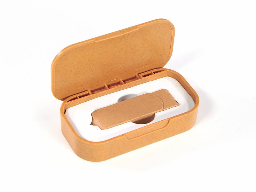 Nachhaltiger USB-Stick in braunem Gehäuse, geliefert in einer praktischen, umweltfreundlichen Box. Ideal für individuelles Branding.