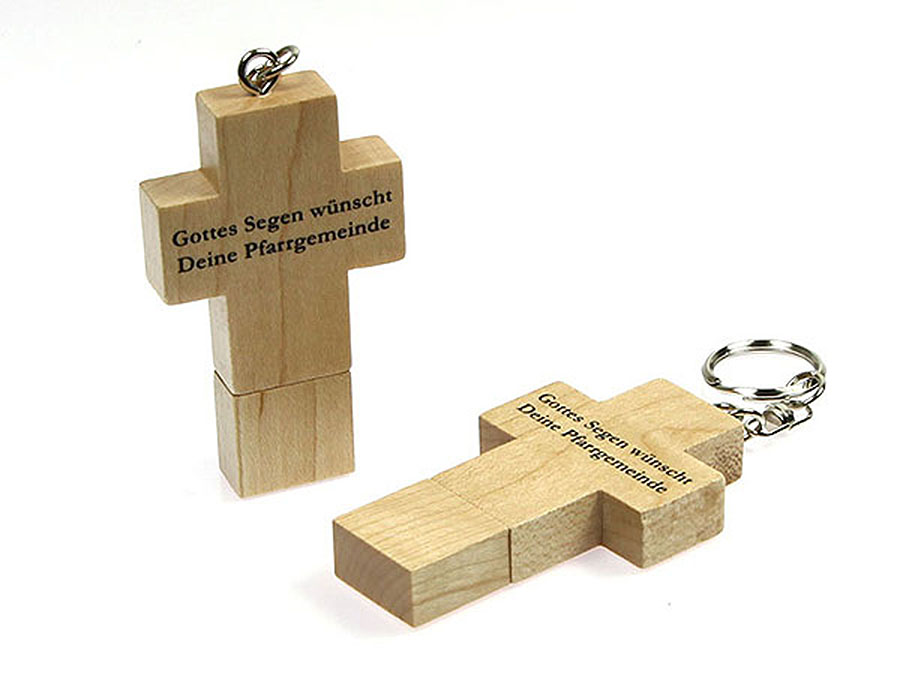 Einfaches USB Holzkreuz aus Holz schlicht und edel mit Logodruck