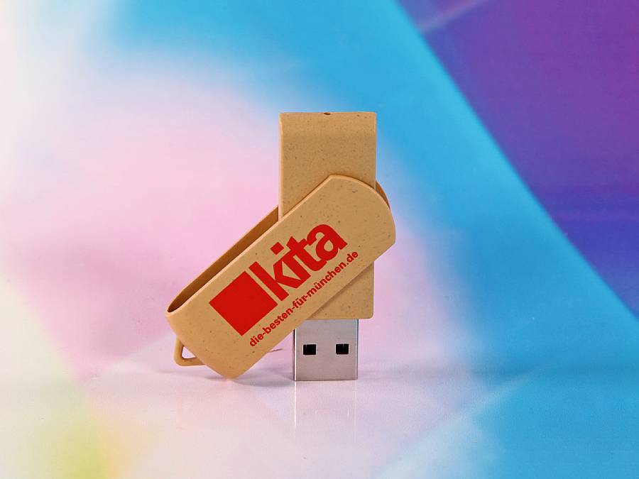 USB-Stick in natürlicher Optik mit rotem Logo-Bereich für individuelle Branding-Möglichkeiten.