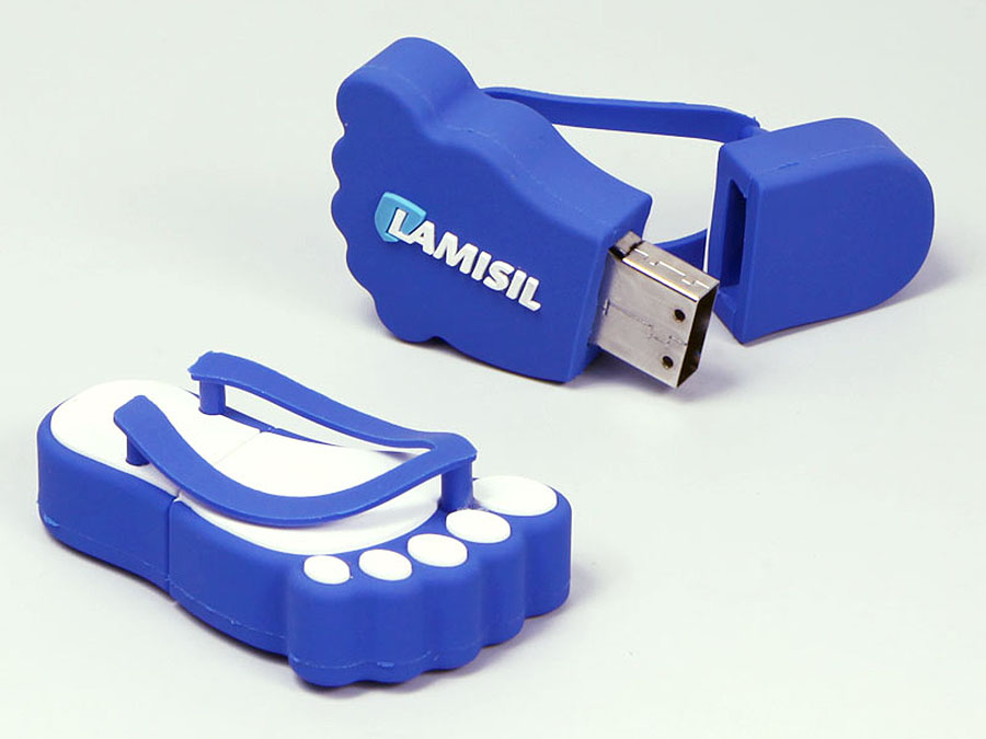 Lamisil Schuhe Flipflop mit Logo in Wunschform mit USB-Stick als Werbegeschenk