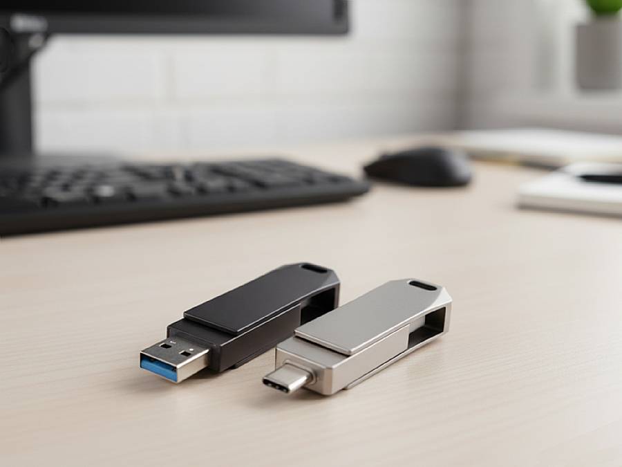 USB-Stick-Set mit modernem Design in Schwarz und Silber, ideal für individuelles Branding und zentrale Datenübertragung.