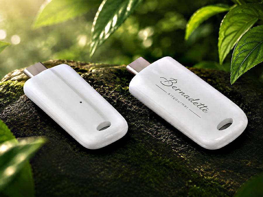 Ergonomischer USB-C-Stick in elegantem Weiß mit Platz für individuelle Logo-Gestaltung, ideal für Werbezwecke.