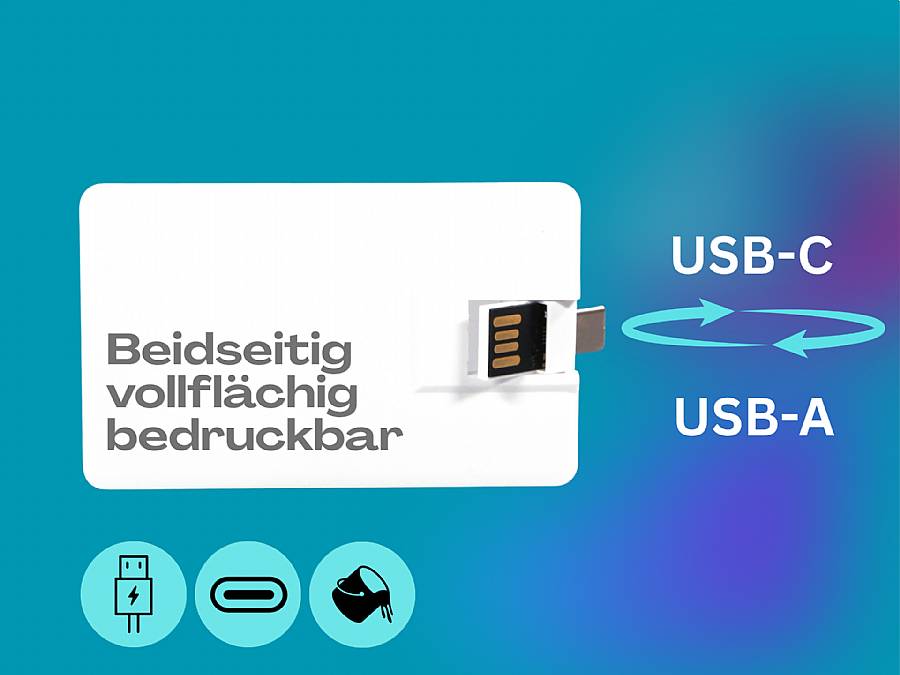 USB-Duo-Visitenkarte mit beidseitig bedruckbarem Design und Anschlüssen für USB-A und USB-C. Ideal für individuelle Werbung.