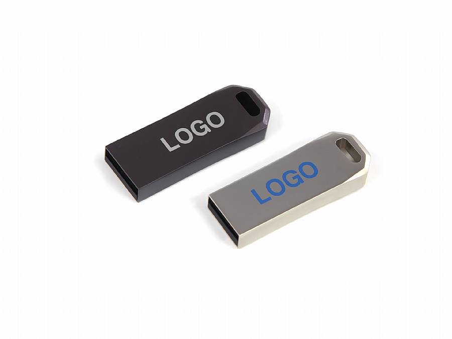 Zwei USB-Sticks in Schwarz und Silber mit Platz für einen individuellen Logo-Druck auf der Oberfläche.