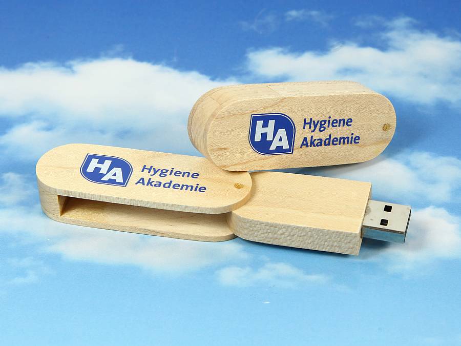 usb stick holz hell ausklappbar logo blau