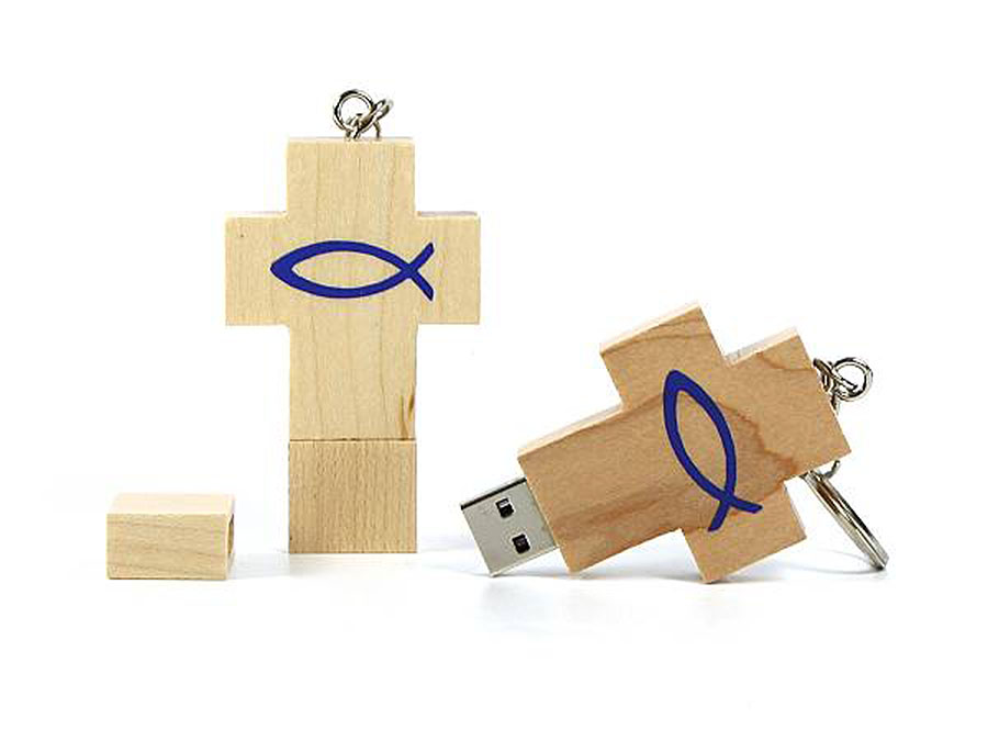 Christliches Werbegeschenk USB Stick in Kreuzform aus Holz
