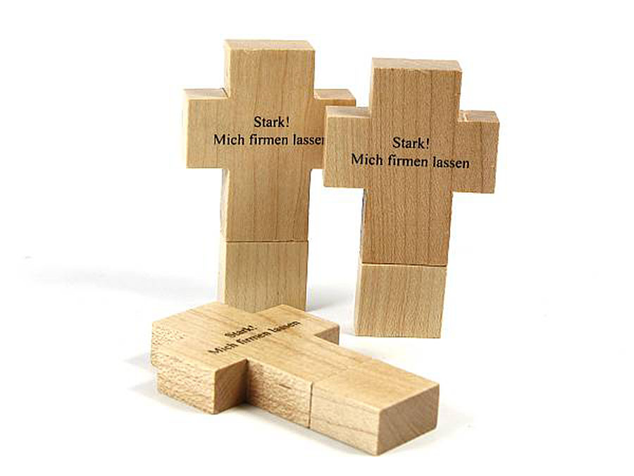 Holz Kreuz USB-Stick mit einfarbigem Druck Spruch