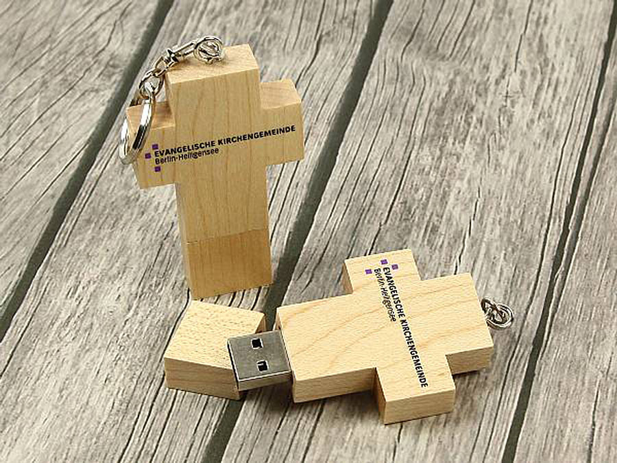 USB-Holzkreuz mit Logodruck Give Away
