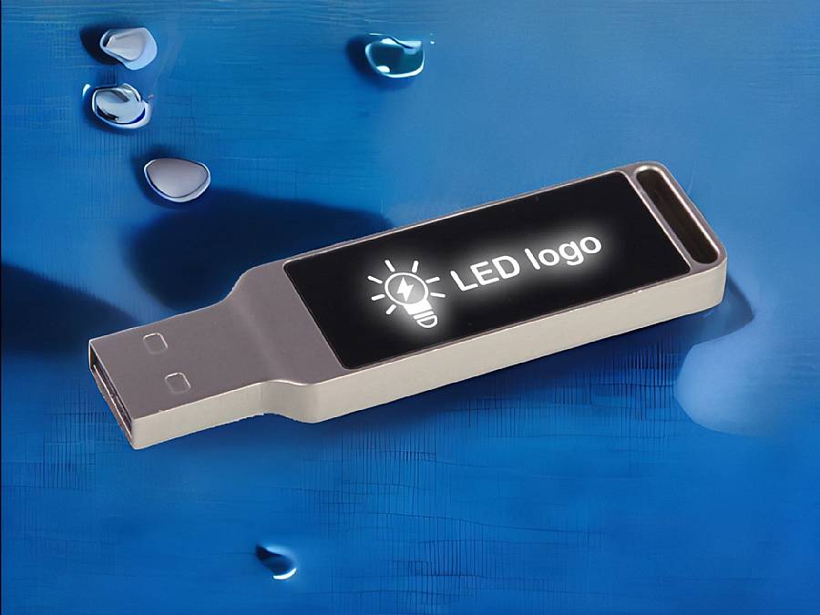 USB-Stick mit LED-Anzeige und metallischem Gehäuse, individuell bedruckbar für Ihr Firmenlogo.