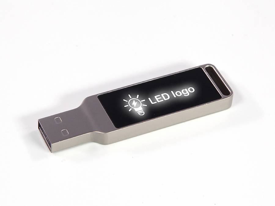 USB-Stick mit elegantem Metallgehäuse und LED-Bereich für individuelles Logo-Design. Ideal für Werbezwecke.