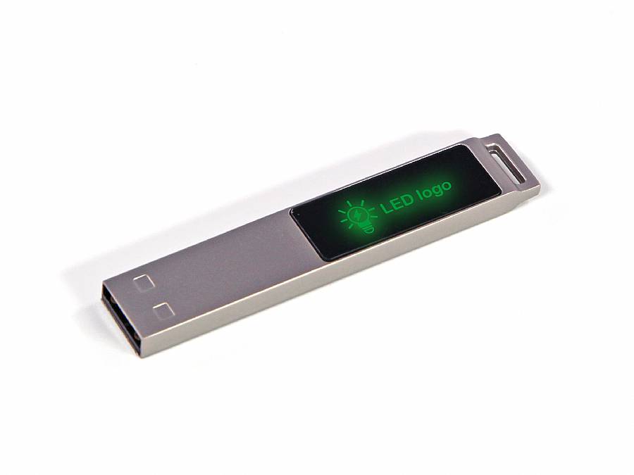 USB-Stick mit eleganter Oberfläche und leuchtendem LED-Bereich für individuelle Logoplatzierungen. Ideal für Werbeaktionen.