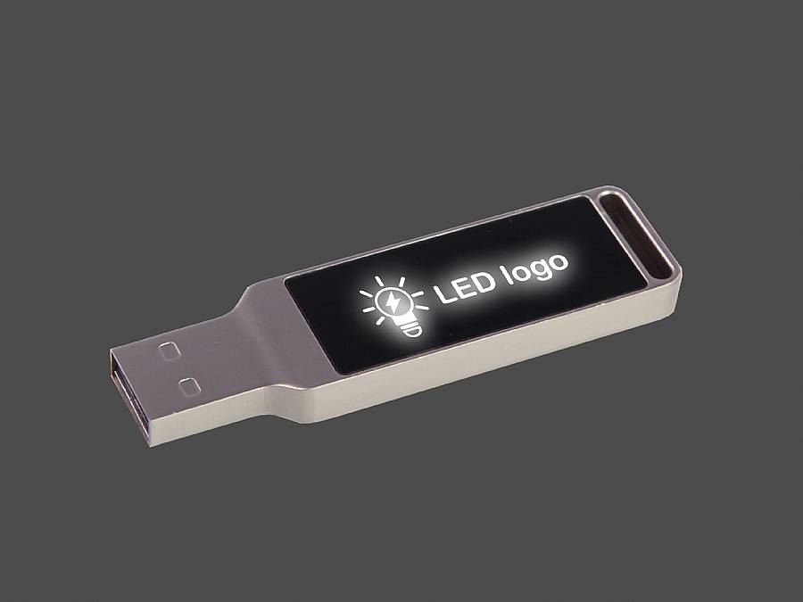 USB-Stick mit Metallgehäuse und LED-Bereich für individuelles Logo-Design, ideal für Werbezwecke.