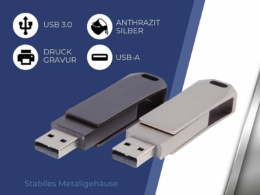 USB-Stick aus stabilem Metall in Anthrazit und Silber, ideal für Gravuren und individuelle Logos.