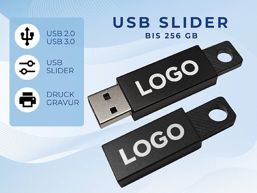 USB-Stick im Slider-Design mit Platz für individuelle Logo-Druckgravuren und Speicherkapazitäten bis zu 256 GB.