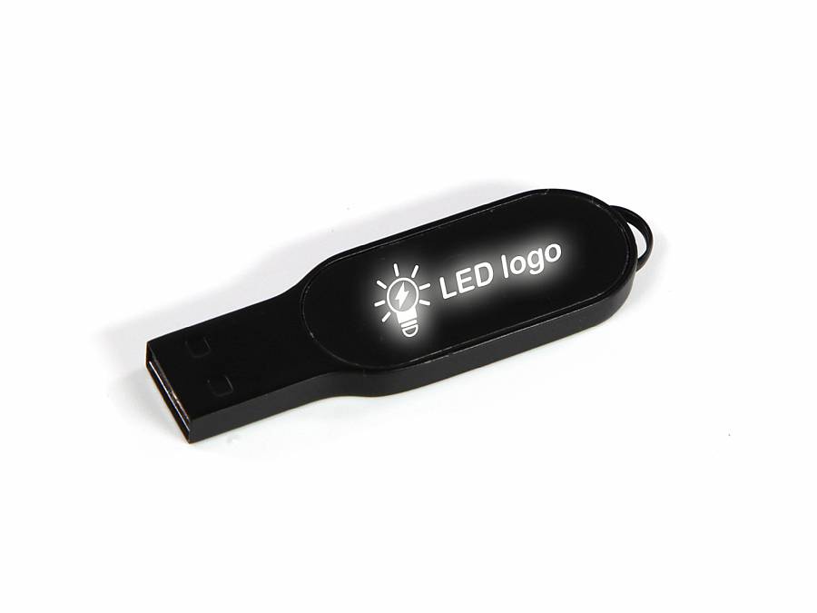 USB-Stick in elegantem Schwarz mit beleuchtetem Logo-Bereich für individuelle Bedruckung und personalisierte Werbung.
