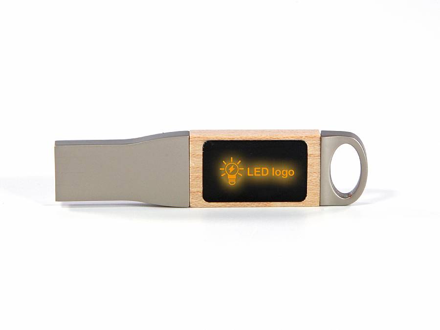 USB-Stick mit modernem Design und LED-Anzeige für individuelles Logo, ideal für Werbeaktionen und Firmenpräsenz.