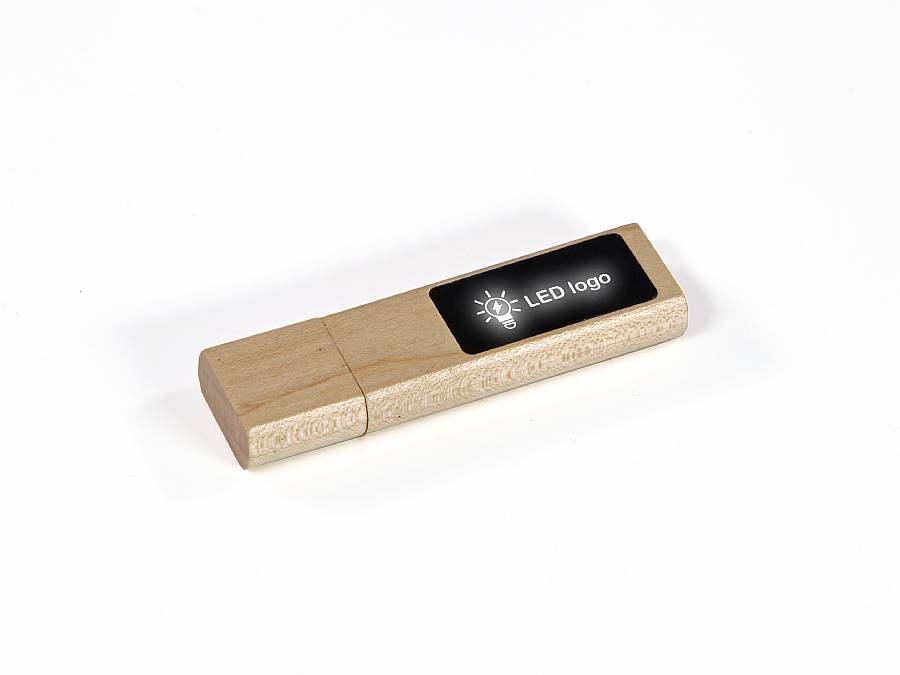 USB-Stick aus Holz mit LED-Bereich für individuelles Logo, ideal für nachhaltige Werbemittel.