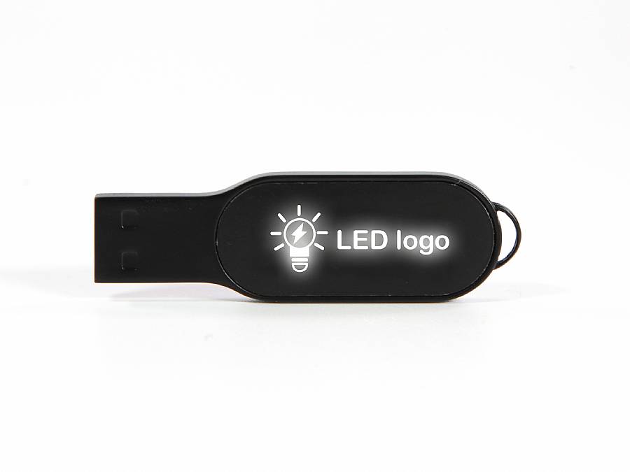 USB-Stick in elegantem Schwarz mit LED-beleuchtetem Logo-Bereich zur individuellen Gestaltung. Ideal für Werbezwecke.