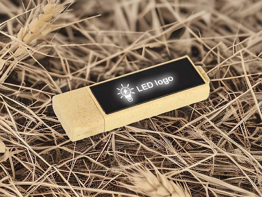 USB-Stick aus Wiesenstroh mit LED-Anzeige und Platz für individuelle Logo-Gestaltung. Umweltfreundliches Design.