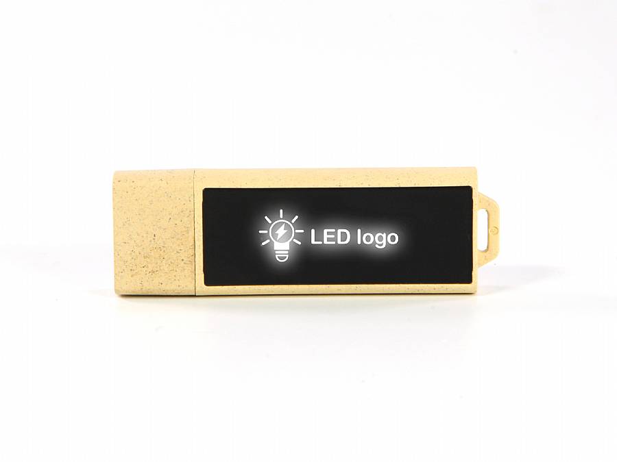 USB-Stick aus Weizenkleie mit LED-Logo-Bereich für individuelle Bedruckung und nachhaltige Werbung.