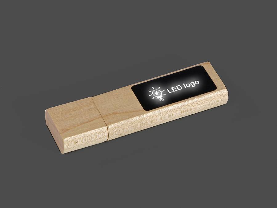 USB-Stick aus Holz mit individuellem LED-Logo-Bereich für personalisierte Werbung und kreative Designs.