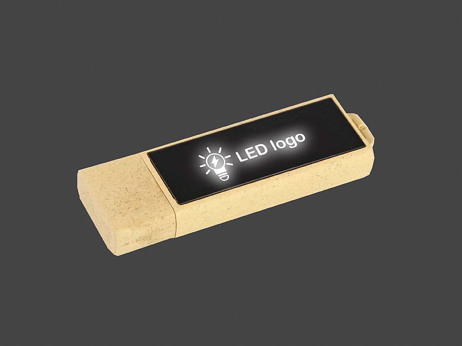 USB-Stick aus umweltfreundlichem Material mit LED-Bereich für individuelles Logo-Design. Ideale Werbelösung für Unternehmen.