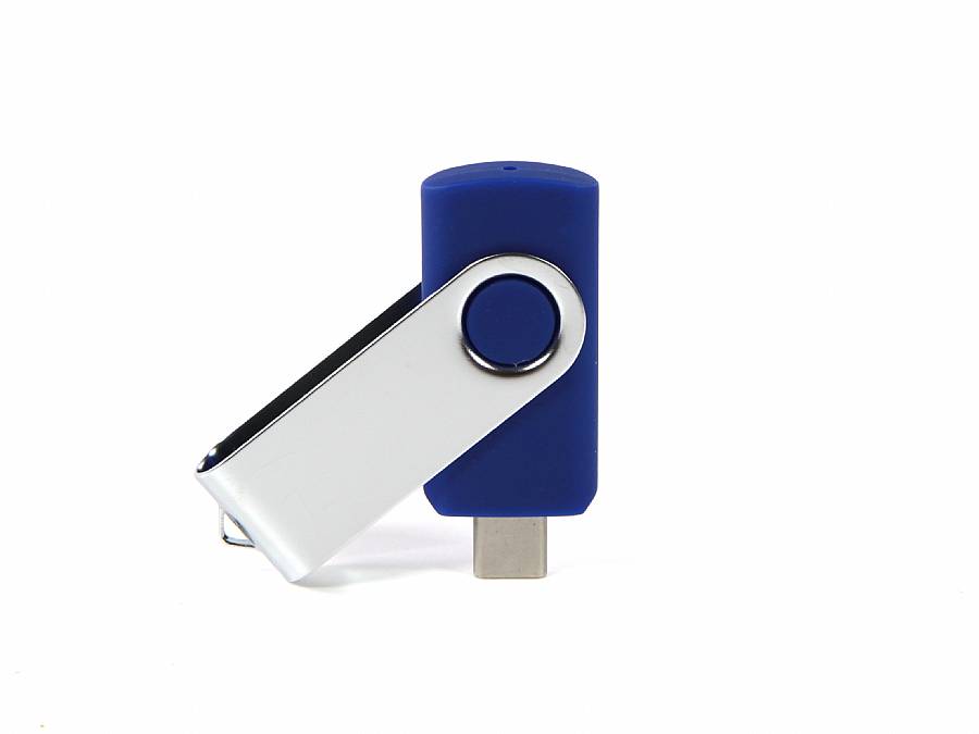 USB-Stick mit blauem Gehäuse und drehbarem Metall-Clip, ideal für individuelle Logo-Drucke.