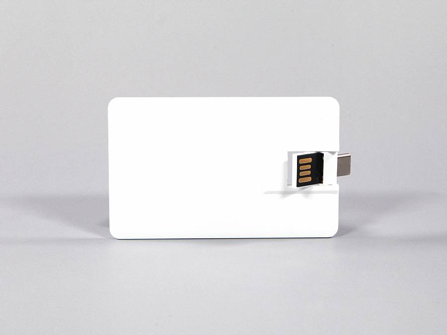USB-Visitenkarte in Weiß mit integriertem Anschluss, ideal für individuelle Logos und personalisierte Werbung.