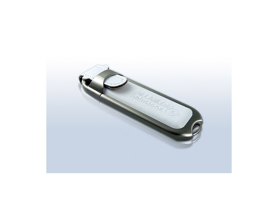 Weißer Leder USB-Stick Werbeartikel mit Lederprägung des Logos