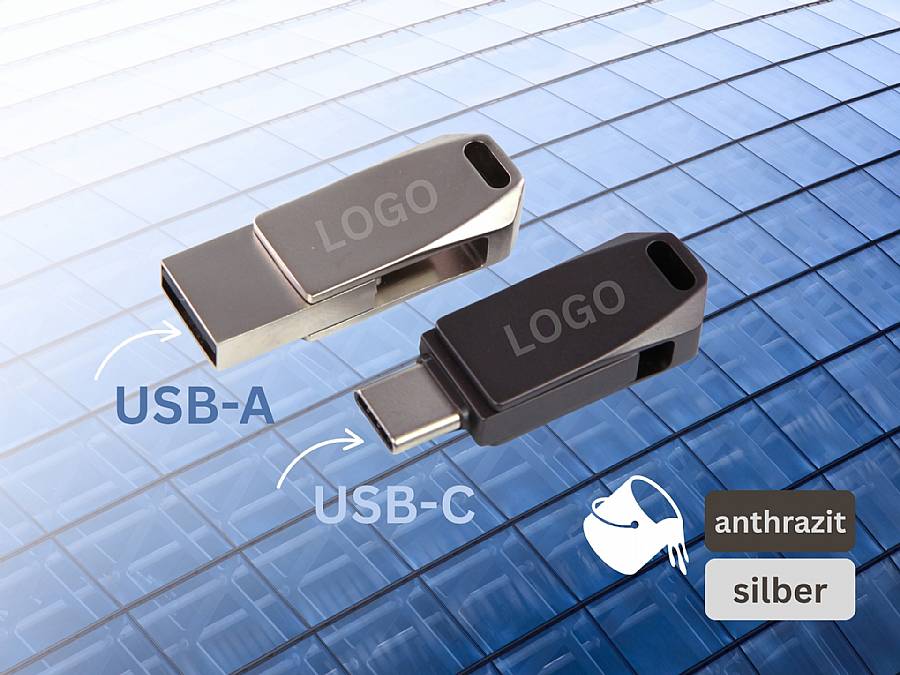 USB-Stick im modernen Design mit USB-A und USB-C Anschlüssen, individuell bedruckbar für Ihr Firmenlogo.