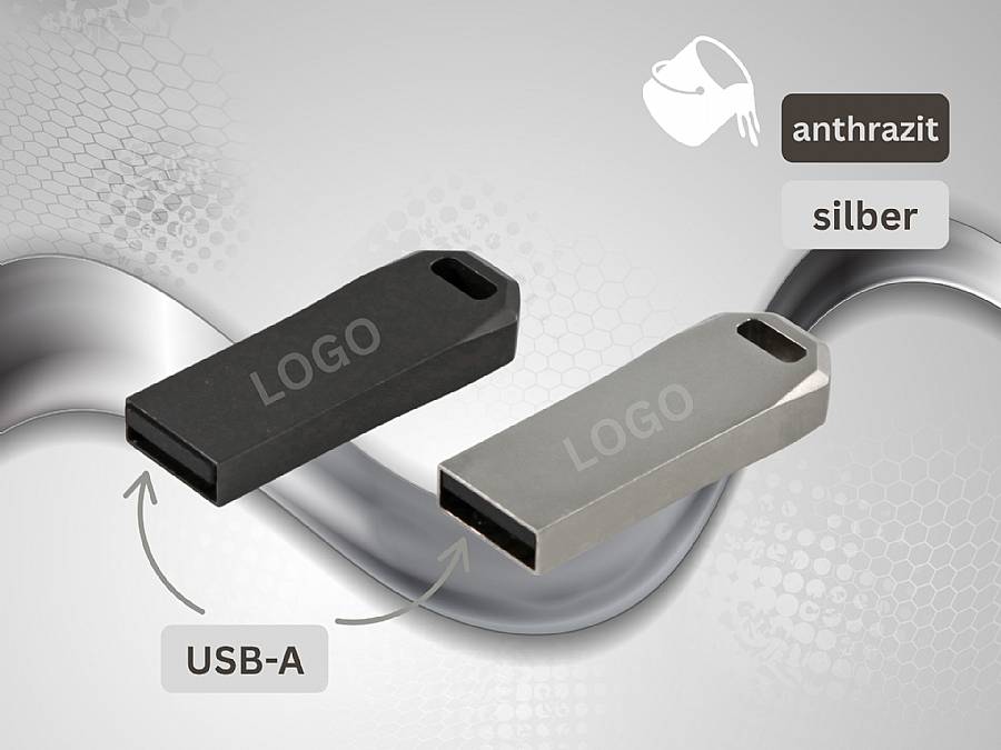 USB-Sticks in anthrazit und silber, mit Platz für ein individuelles Logo und USB-A Anschluss. Ideal für Werbezwecke.