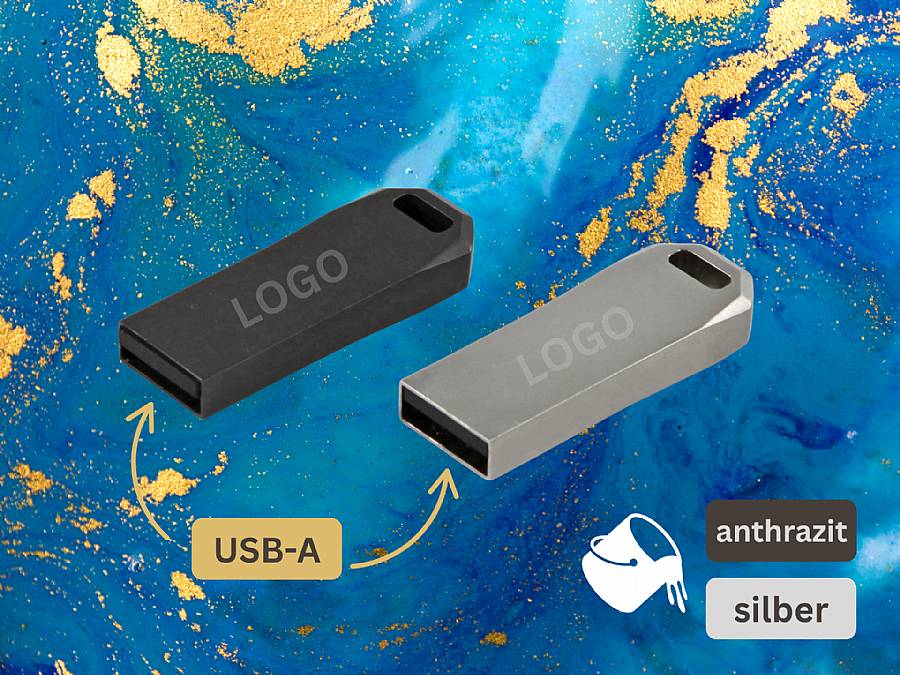 USB-Sticks in anthrazit und silber mit Platz für individuellen Logo-Druck, ideal für Werbezwecke.