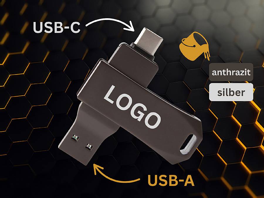 USB-Stick in Anthrazit mit USB-C und USB-A Anschluss, bedruckbar mit individuellem Firmenlogo. Ideal für Promotion.