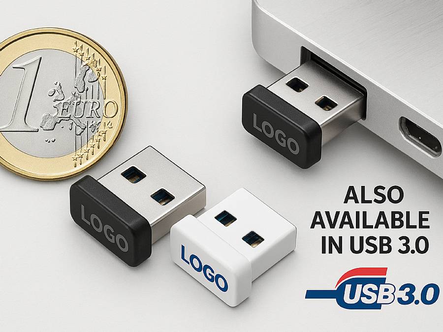 USB-Sticks in Schwarz und Weiß mit Platz für ein Logo, ideal für individuelle Werbung und firmenspezifische Designs.