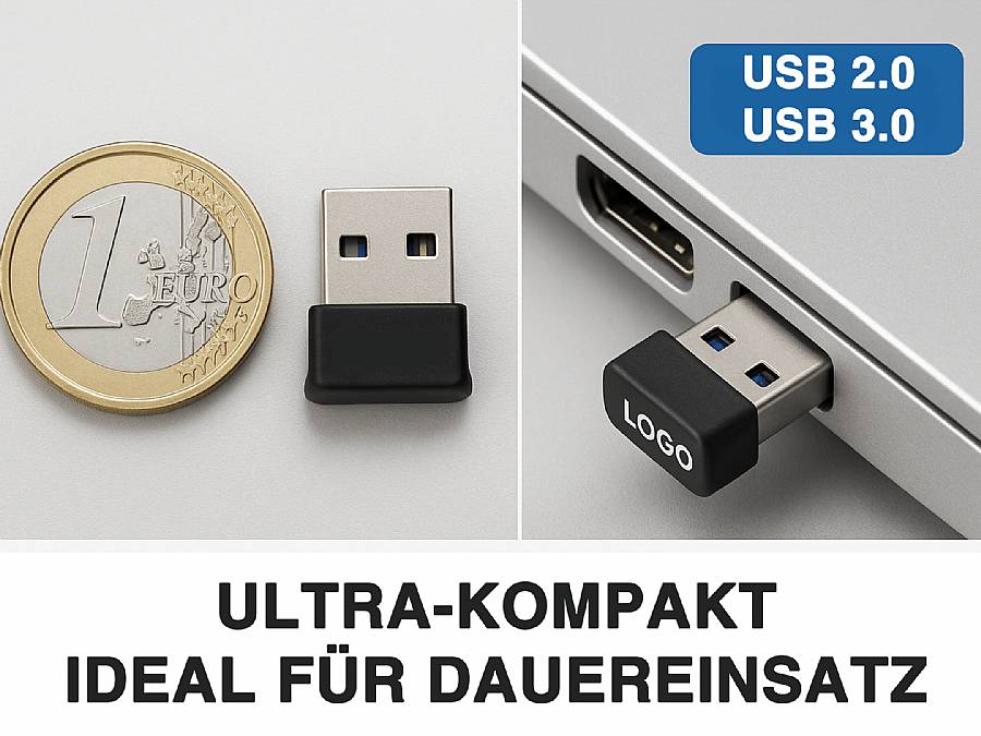 Ultra-kompakter USB-Stick mit Platz für individuelles Logo, ideal für dauerhaften Einsatz und moderne Geräte.
