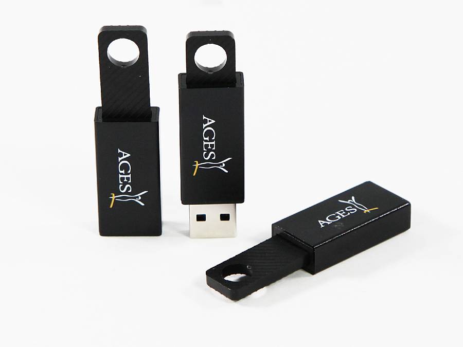 Praktischer USB-Stick in schwarzem Design, ideal für individuelle Logo-Drucke und Werbezwecke.