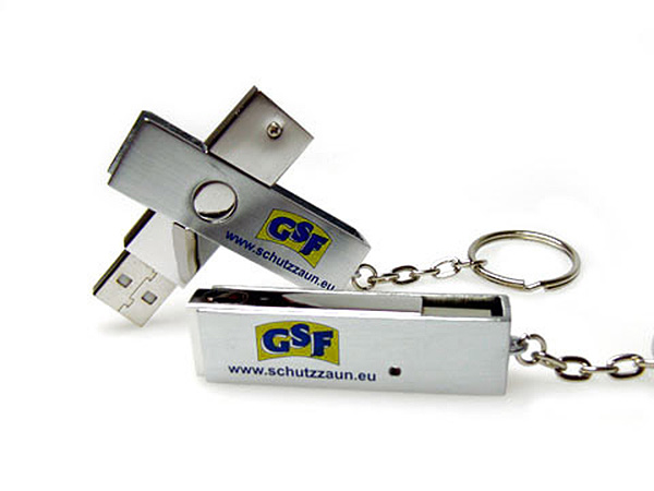 USB-Stick mit Swing Twister Bügel in Vollmetallausführung mit 2 farbigem Logodruck