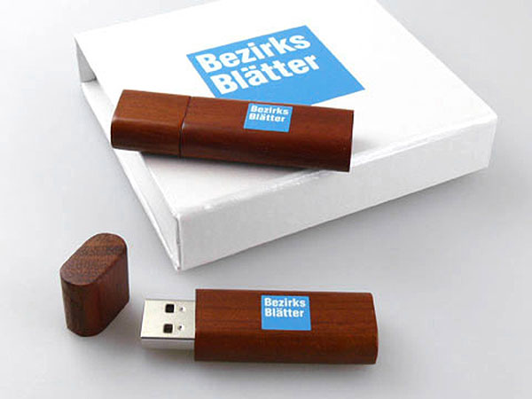 Holz-USB-Stick Holz dunkel edel bedruckt Geschenkbox