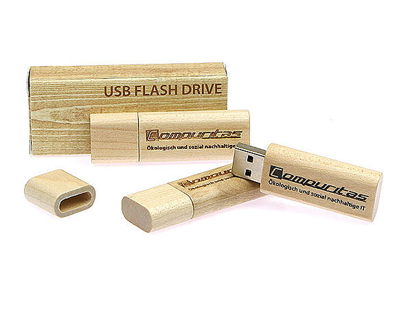 holzUSB Stick mit Gracur hell bedruckt Faltschachtel Bundle