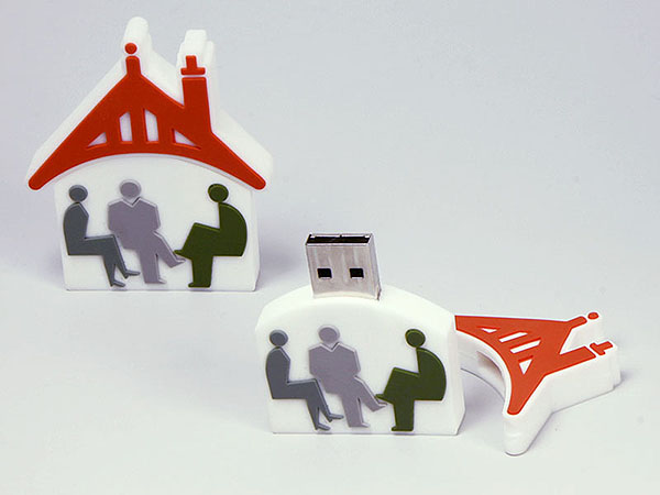 Kundenlogo Logo in mehreren Farben Haus mit Dach und Menschen als individueller USB-Stick