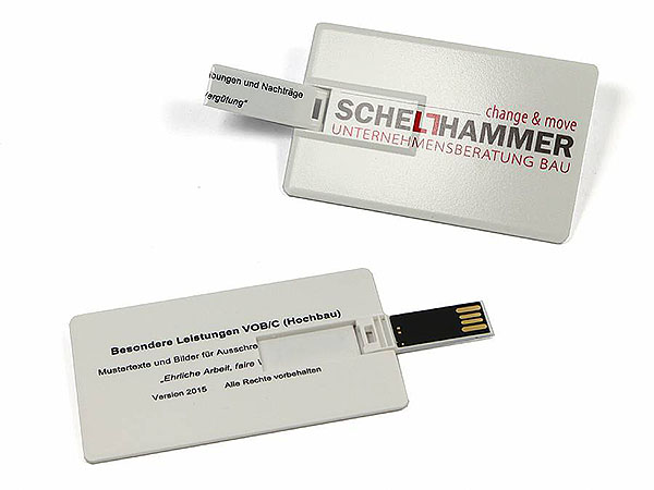 Schelthammer USB-Stick in der Form einer Visitenkarte beidseitig bedruckt mit logo