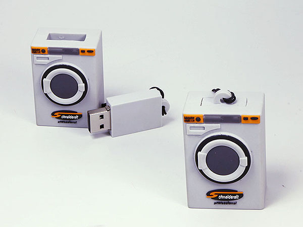 Schneldereit Waschmaschine mit USB-Stick und Umhängeband Lanyard mit Logo als Kundengeschenk