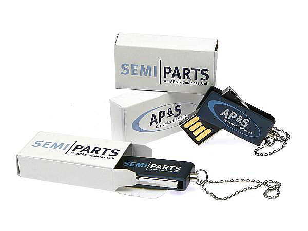 Mini USB Dreh-Stick aus Metall mit Logodruck und passeder Faltschachtel mit Logodruck