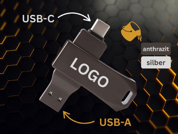 USB-Stick in Anthrazit mit USB-C und USB-A Anschluss, bedruckbar mit individuellem Firmenlogo. Ideal für Promotion.